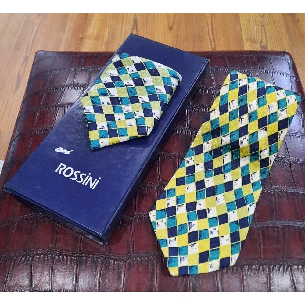 Rossini Silk Tie & Matching Pocket Square Yellow Blue Green White Harlequin XLNT